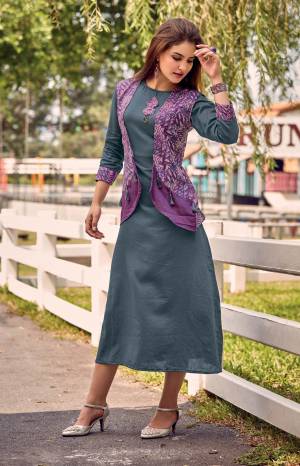Grab This Designer Readymade Kurti In Dark Grey And Purple Color Fabricated On Cotton Satin Beautified With Prints. Its Pretty Jacket Pattern Will Earn You Lots Of Compliments From Onlookers. It Is Available In All Regular Sizes. Buy Now.