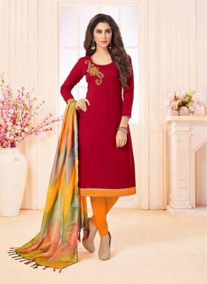 Grab This Designer Dress Material In Maroon Colored Top Paired With Contrasting Orange Colored Bottom And Multi Colored Dupatta. Its Top IS Fabricated On Cotton Slub Paired With Cotton Bottom And Banarasi Dupatta. It Is Beautified With Hand Work Over Its Top. Buy Now.