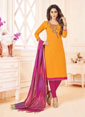 Celebrate This Festive Season With Beauty And Comfort With This Attractive Looking Dress Material In Yellow Colored Top Paired With Contrasting Dark Pink Colored Bottom And Dupatta. Its Top IS Fabricated On Cotton Slub Paired With Cotton Bottom And Banarasi Dupatta. Buy This Now.