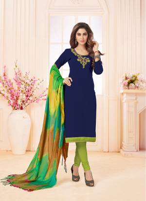 Enhance Your Personality Wearing This Suit In Navy Blue Colored Top Paired With Contrasting Green Colored Bottom And Dupatta. This Dress Material Is Cotton Based Paired With Banarasi Dupatta. It Is Beautified With Hand Work Over The Top. 