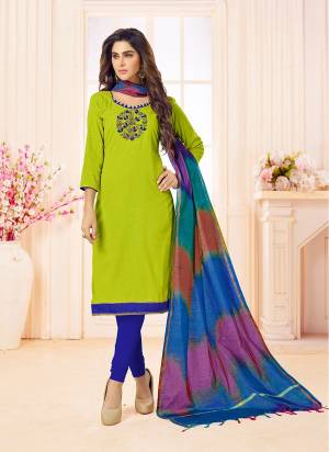 Look Attractive In This Light Green Colored Top Paired With Royal Blue Colored Bottom And Dupatta. Its Top And Bottom Are Cotton Based Fabric Paired With Banarasi Dupatta. Thiis Dress Material Is Beautified With Hand Work At The Top Front.