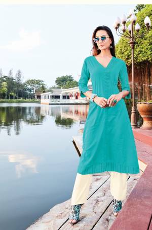 Look Pretty Wearing This Designer Readymade Kurti In Turquoise Blue Color Fabricated On Silk Cotton. It Is Light Weight And Easy To Carry All Day Long. Buy Now.