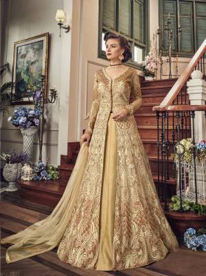 Grab Two Looks In Price Of One With This Designer Indo-Western Suit In Beige Color Paired With Beige Lehenga, Maroon Colored Pants And Beige Dupatta. Its Top And Bottom Are Net fabricated Paired With Art Silk Lehenga And Pants. Grab This Now.