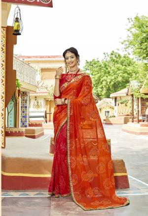 Orange And Red Color Induces Perfect Summery Appeal To Any Outfit, So Grab This Saree In Orange And Red Color Paired With Red Colored Blouse. This Saree IS fabricated On Geotrgette Paired With Art Silk Fabricated Blouse. Buy This Saree Now.