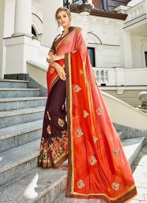 Celebrate This Festive Season Wearing This Beautiful And Attractive Orange And Brown Colored Saree Paired With Brown Colored Blouse. This Saree Is Fabricated On Lycra And Georgette Paired With Art Silk Fabricated Blouse. Both Its Fabric Are Light Weight And easy To Carry All Day Long.