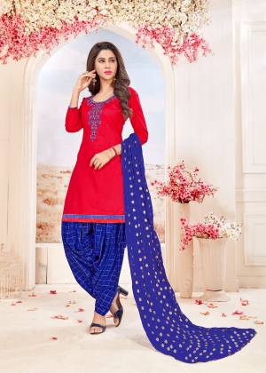 If Those Readymade Suit Does Not Lend You The Desired Comfort, Than Grab This Dress Material In Red Colored Top Paired With Contrasting Royal Blue Colored Bottom And Dupatta. Its top And Bottom Are Cotton Based Paired With Chiffon Dupatta. Get This Stitched As Per Your Desired Fit And Comfort.