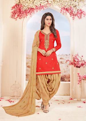 Adorn The Pretty Angelic Look With This Dress Material In Red Colored Top Paired With Beige Colored Bottom And Dupatta. Its Top And Bottom Are Cotton Based Paired With Chiffon Dupatta. Buy Now.