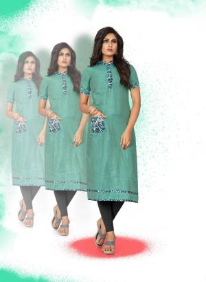 Grab This New Shade For Your Casual Or Semi-Casual Wear In Sea Green Colored Kurti Fabricated On Art Silk. This Readymade Kurti Is Available In Regular Sizes. Buy Now.