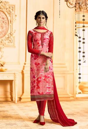 Adorn The Pretty Angelic Look Wearing Designer Straight Suit In Red Color Paired With Red Colored Bottom And Dupatta. Its Top Is Fabricated On Georgette Brasso Paired With Santoon Bottom And Chiffon Dupatta. Buy This Semi-Stitched Suit Now.