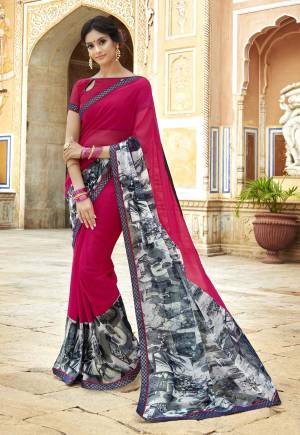 Bright And Visually Appealing Color Is Here With This Pinted Saree In Dark Pink And Grey Color Paired With Dark Pink Colored Blouse. This Saree And Blouse are Georgette Fabricated Beautified With Prints. 