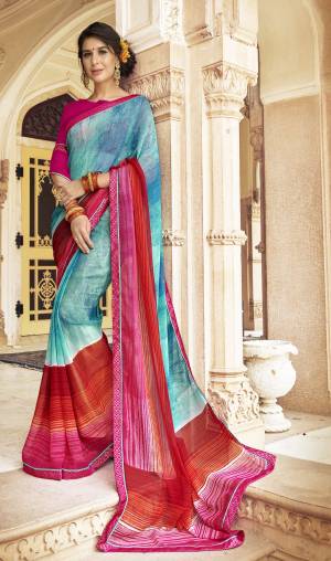 Simple Saree IS Here For Your Casual Wear In Blue And Multi Color Paired With Dark Pink Colored Blouse. This Saree And Blouse Are Fabricated On Georgette Beautified With Prints All Over. Buy Now.