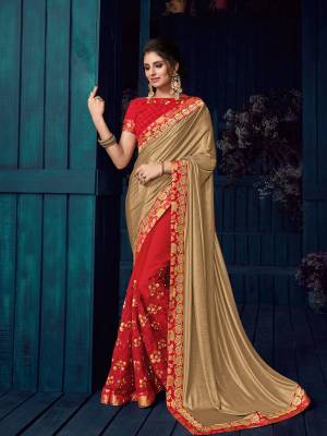 All the Fashionable women will surely like to step out in style wearing this gold and red color glitter lycra and moss chiffon saree. this gorgeous saree featuring a beautiful mix of designs. look gorgeous at an upcoming any occasion wearing the saree. Its attractive color and designer heavy embroidered design, Flower patch design, moti design, beautiful floral design work over the attire & contrast hemline adds to the look. Comes along with a contrast unstitched blouse.