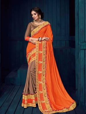 you Look striking and stunning after wearing this orange and brown color two tone silk and silk saree. look gorgeous at an upcoming any occasion wearing the saree. this party wear saree won't fail to impress everyone around you. Its attractive color and designer heavy embroidered design, Flower patch design, Stone design, beautiful floral design work over the attire & contrast hemline adds to the look. Comes along with a contrast unstitched blouse.