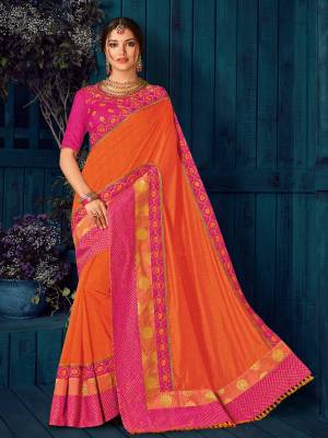 Impress everyone with your amazing Trendy look by draping this orange and pink color two tone silk and jari saree. this party wear saree won't fail to impress everyone around you. this gorgeous saree featuring a beautiful mix of designs. Its attractive color and designer heavy embroidered design, Flower patch design, moti design, beautiful floral design work over the attire & contrast hemline adds to the look. Comes along with a contrast unstitched blouse.