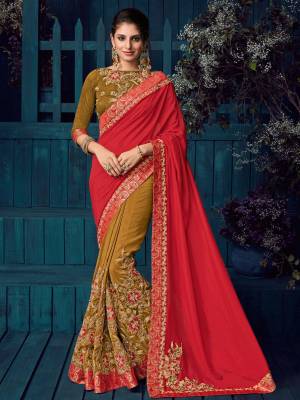 Gorgeously mesmerizing is what you will look at the next wedding gala wearing this beautiful red and beige color two tone silk and silk saree. Ideal for party, festive & social gatherings. this gorgeous saree featuring a beautiful mix of designs. Its attractive color and designer heavy embroidered design, Flower patch design, moti design, beautiful floral design work over the attire & contrast hemline adds to the look. Comes along with a contrast unstitched blouse.