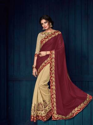 The fabulous pattern makes this saree in a classy number to be included in your wardrobe. maroon and beige color bright georgette and two tone silk saree. Ideal for party, festive & social gatherings. this gorgeous saree featuring a beautiful mix of designs. Its attractive color and designer heavy embroidered design, Flower patch zari design, stone design, beautiful floral design work over the attire & contrast hemline adds to the look. Comes along with a contrast unstitched blouse.