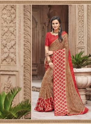 Simple Saree Is Here For Your Casual Or Semi-Casual Wear In Beige Color Paired With Contarsting Red Colored Blouse. This Saree Is Linen Based Paired With Satin Fabricated Blouse. Buy Now.