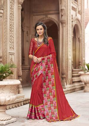 Adorn The Pretty Angelic Look Wearing This Saree In Red Color Paired With Red Colored Blouse. This Saree Is Linen Based Paired With Satin Fabricated Blouse. It Is Light Weight And Easy To carry All Day Long.