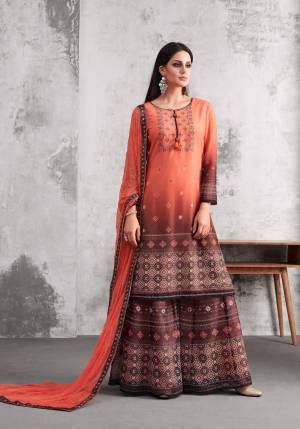 Beat The Heat Wearing This Designer Plazzo Suit In Orange And Brown Colored Top Paired With Brown Bottom and Orange Dupatta. Its Top And Bottom Are Georgette Based Paired With Chiffon Dupatta. Buy This Suit Now.