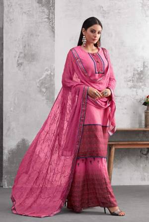 Celebrate This Festive Season With Beauty And Comfort Wearing This Designer Plazzo Suit In Pink Color. Its Top And Bottom Are Georgette Based Paired With Chiffon Dupatta. Buy Now.