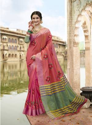 Look Beautiful And Earn Lots Of Compliments Wearing This Saree In Dark Pink Color Paired With Contrasting Green Colored Blouse. This Saree IS Fabricated On Satin Silk Paired With Art Silk Fabricated Blouse. It Is Beautified With Resham Embroidery With Moti Work.