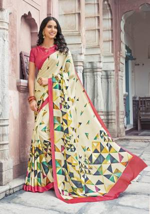 Simple and Elegant Looking Pretty Saree Is Here In Cream Color Paired With Pink Colored Blouse. This Saree And Blouse Are Satin Georgette Based Beautified With Geometric Prints All Over It. Buy Now.