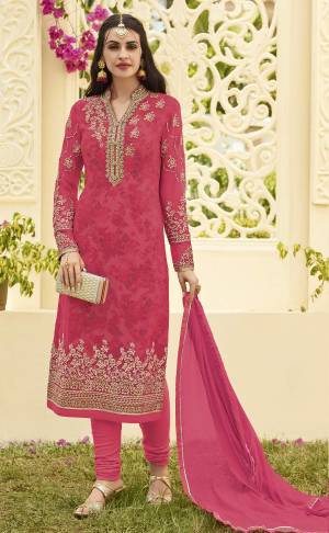 Shine Bright Wearing This Beautiful And Attractive Designer Straight Suit In Dark Pink Color Paired With Dark Pink Colored Bottom And Dupatta. Its Top Is Fabricated On Georgette Paired With Santoon Bottom And Chiffon Dupatta With Printed Satin Inner.