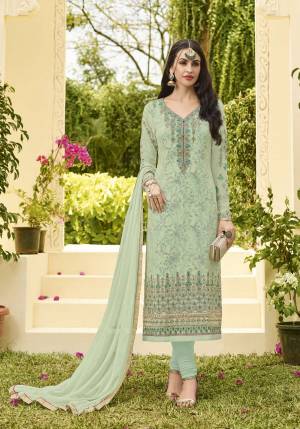 A Very Pretty Looking Shade In Green Is Here With this Designer Straight Suit In Pastel Green Color Paired With Pastel Green Colored Bottom And Dupatta. Its Top Is Fabricated On Georgette Paired With Santoon Bottom And Chiffon Dupatta.
