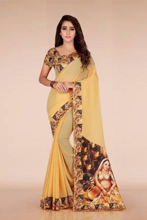 Simple and Elegant Looking Saree Is Here In Beige Color Paired With Multi Colored Blouse. This Saree Is Chiffon Based Paired With Art Silk Fabricated Blouse. Its Blouse, Pallu And Lace Border Are Beautified With Digital Prints.