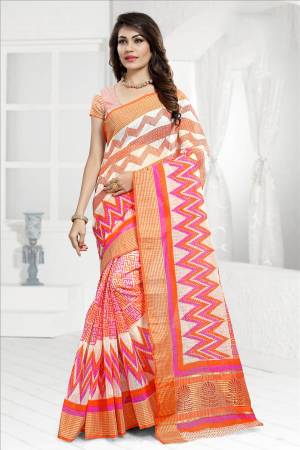 Celebrate This Festive Season Wearing This Pretty Attractive Orange And White Colored Saree Paired With Orange And White Colored Blouse. This Saree And Blouse Are Cotton Fabricated Beautified With Prints All Over. This Saree Is Light Weight And Durable. Buy Now.