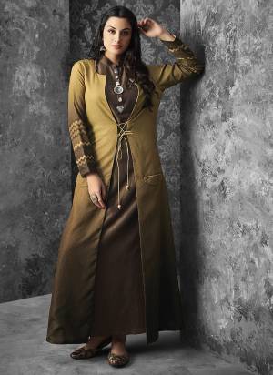 Enhance Your Personality Wearing This Readymade Pair Of Kurti With Jacket In Brown Color Paired With Beige And Brown Jacket. Its Inner Is Muslin Fabricated Paired With Linen Jacket. Buy Now.