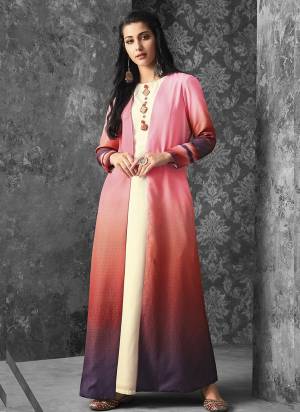 Look Pretty Wearing This Lovely Pair Of Kurti With Jacket, Its Inner Is In White Color Muslin Fabricated Paired With Pink And Purple Colored Jacket Fabricated On Linen. Buy This Kurti Now.