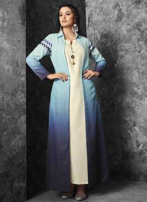 Multiple Shades In Blue Are Used In This Lovely Jacket Paired With White Colored Inner. Its Inner Is Fabricated On Muslin Paired With Linen Fabricated Jacket. Its Is Available In all Regular Sizes. 