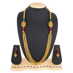 Simple And Elegant Looking Long Necklace Set Is Here In Golden Color. This Can Evem Be Paired With A Simple Kurti Or Heavy Dress. Buy Now.