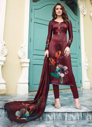 Royal And Elegant Looking Designer Semi-Stitched Suit Is Here With Maroon Colored Bottom And Dupatta. Its top Is Fabricated On Satin Paired With Crepe Bottom And Chiffon Dupatta. This Straight Suit Will Earn You Lots Of Compliments From Onlookers. Buy Now.
