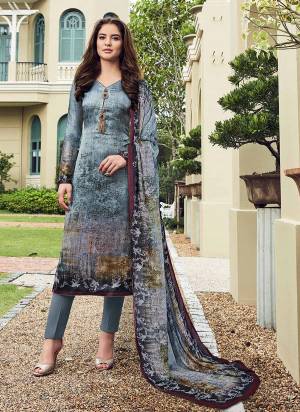 Elegant Looking Designer Straight Suit Is Here In Light Grey Color Paired With Light Grey Colored Bottom And Dupatta, Its Top Is Fabricated On Satin Paired With Crepe Bottom And Chiffon Dupatta. Buy This Now.