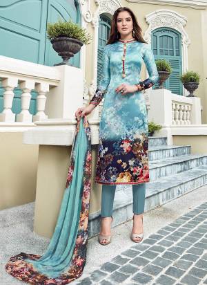 Elegant Looking Designer Straight Suit Is Here In Light Blue Color Paired With Light Blue Colored Bottom And Dupatta, Its Top Is Fabricated On Satin Paired With Crepe Bottom And Chiffon Dupatta. Buy This Now.