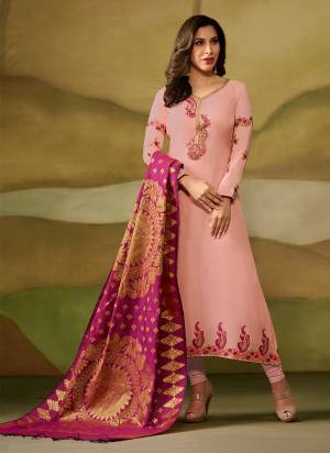 Look Pretty Wearing This Designer Straight Suit In Light Pink Color Paired With Contrasting Magenta Pink Colored Dupatta. Its Top Is Silk Georgette Based Paired With Santoon Bottom And Banarasi Silk Dupatta. Get This Semi-Stitched Suit Now.