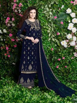 Celebrate This Festive Season With And Comfort With This Plazzo Suit In Navy Blue Color Paired With Navy Blue Colored Dupatta. Its Top And Bottom Are Georgette Based Paired With Chiffon Dupatta. It Is Beautified With Jari Embroidery And Stone Work. 
