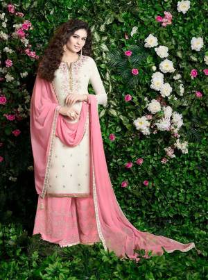Look Pretty Wearing This Designer Plazzo Suit In White Colored Top Paired With Pink Colored Bottom And Dupatta. Its Top And Bottom Are Georgette Based Paired With Chiffon Dupatta. Buy This Suit Now.