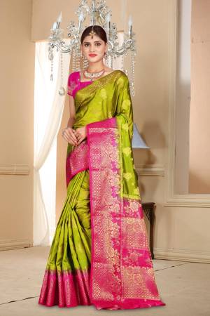 New Shade In Green Is Here With This Saree In Pear Green Color Paired With Contrasting Rani Pink Colored Blouse. Buy This Rich Art Silk Based Saree Now.
