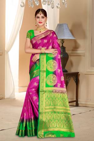 Look Pretty Attractive Wearing This Beautiful Dark Pink Colored Saree Paired With Contrasting Green Colored Blouse. This Saree And Blouse Are Fabricated On Art Silk Beautified With Weave.