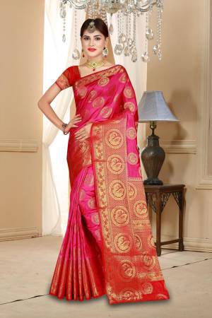 Add This Bright looking Saree In Dark Pink Color Paired With Contrasting Red Colored Blouse. This Saree And Blouse Are Fabricated On Art Silk Beautified With Weave All Over It .buy Now.