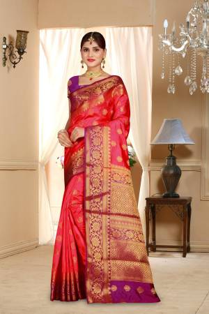 Shine Bright In This Art Silk Based Saree In Fuschia Pink Color Paired With Contrasting Purple Colored Blouse. This Saree And Blouse Are Fabricated On Art Silk Beautified With Weave All Over It.
