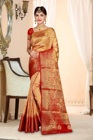 Elegant Looking Silk Based Saree Is Here In Beige Color Paired With Contrasting Red Colored Blouse. This Saree And Blouse are Fabricated On Art Silk Beautified With Weave All Over It. Buy This Art Silk Saree Now.