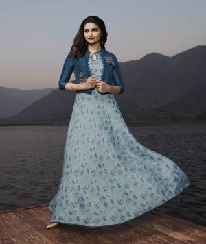 Go With The Shades Of Blue With This Designer Readymade Long Kurti In Sky Blue And Blue Color Fabricated On Satin Georgette With Art Silk Silk Fabricated Jacket. You Can Wear This As Per Your Convinince With Or Without Jacket. Buy Now.