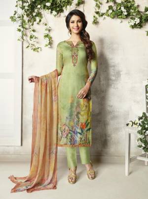 Celebrate This Festive Season Wearing This Designer Straight Suit In Light Green Color. Its Top Is Fabricated On Soft Cotton Paired With Cotton Bottom And Chiffon Dupatta. All Its Fabrics Ensures Superb Comfort all Day Long. Buy Now.