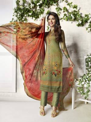 Celebrate This Festive Season Wearing This Designer Straight Suit In Green Color Paired With Contrasting Orange Colored Dupatta. Its Top Is Fabricated On Soft Cotton Paired With Cotton Bottom And Chiffon Dupatta. All Its Fabrics Ensures Superb Comfort all Day Long. Buy Now.