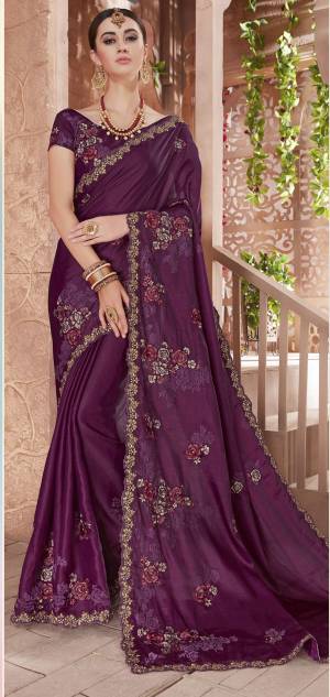 Grab This Attractive Looking Purple Colored Saree Paired With Purple Colored Blouse. This Saree And Blouse Are Fabricated On Art Silk Beautified With Thread And Jari Embroidery With Stone Work. 