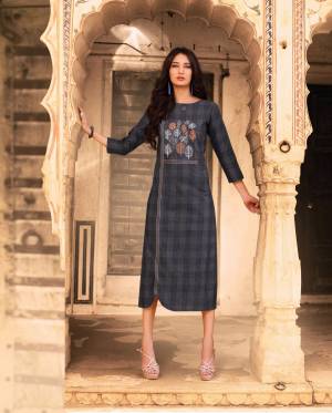 Flaunt Your Rich and Elegant Taste Wearing This Designer Readymade Kurti In Dark Grey Shade Fabricated On Soft Cotton Beautified With Checks Prints And Thread Work, Buy Now.
